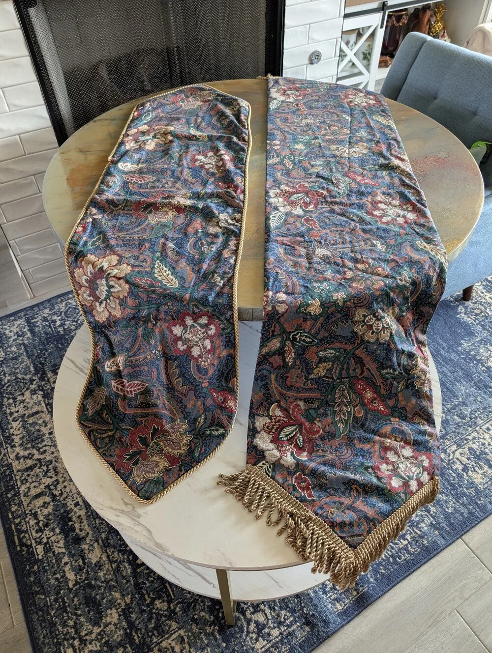 Custom Botanical Teal Table, Console, Dresser Topper Runner Lined